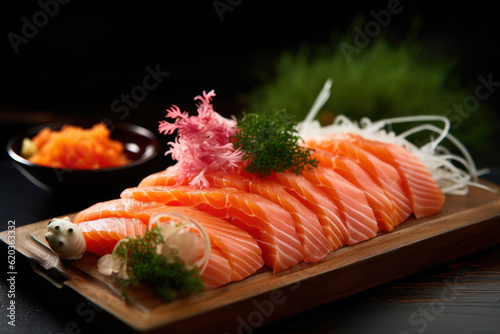 Fresh salmon sashimi, showcasing its vibrant color and exquisite texture, ready to delight sushi lovers. Generative AI.