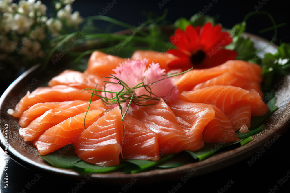 Fresh salmon sashimi, showcasing its vibrant color and exquisite texture, ready to delight sushi lovers. Generative AI. Fresh salmon sashimi, showcasing its vibrant color and exquisite texture, ready to delight sushi lovers. Generative AI.