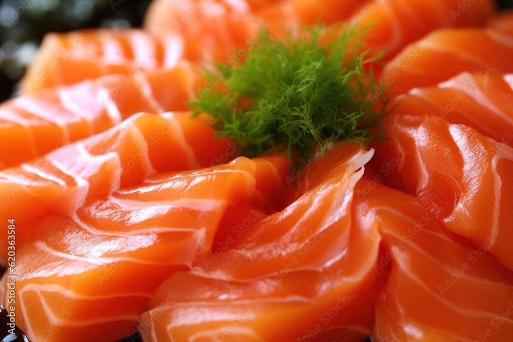 Fresh salmon sashimi, showcasing its vibrant color and exquisite texture, ready to delight sushi lovers. Generative AI. Fresh salmon sashimi, showcasing its vibrant color and exquisite texture, ready to delight sushi lovers. Generative AI.