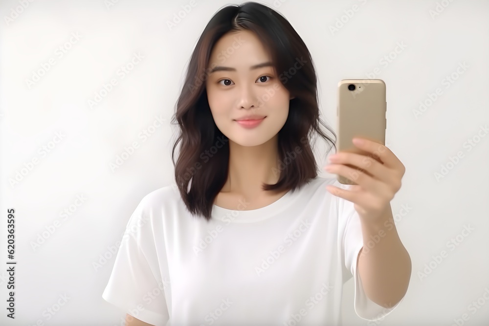 自撮りをする女性　白背景　with generative ai