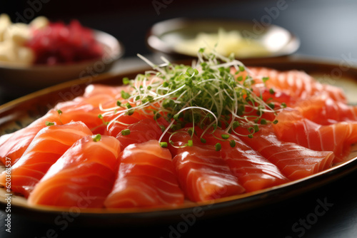 Fresh salmon sashimi, showcasing its vibrant color and exquisite texture, ready to delight sushi lovers. Generative AI.