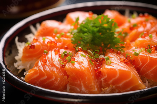 Fresh salmon sashimi, showcasing its vibrant color and exquisite texture, ready to delight sushi lovers. Generative AI.
