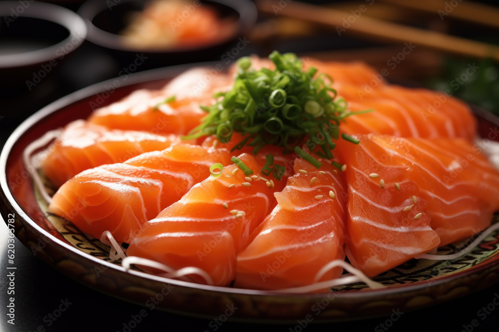 Fresh salmon sashimi, showcasing its vibrant color and exquisite texture, ready to delight sushi lovers. Generative AI. Fresh salmon sashimi, showcasing its vibrant color and exquisite texture, ready to delight sushi lovers. Generative AI.