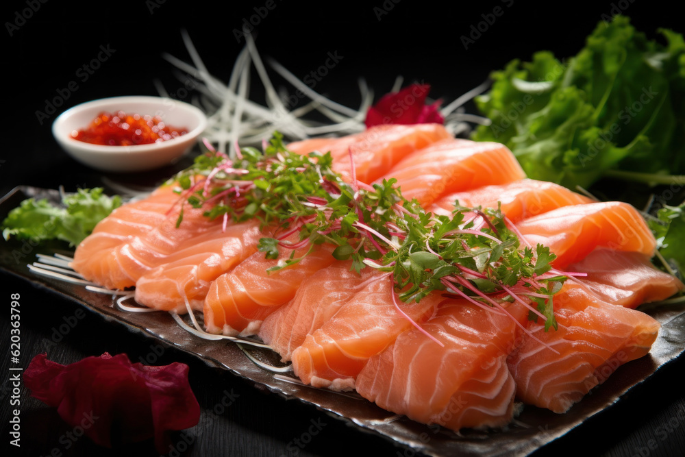Fresh salmon sashimi, showcasing its vibrant color and exquisite texture, ready to delight sushi lovers. Generative AI. Fresh salmon sashimi, showcasing its vibrant color and exquisite texture, ready to delight sushi lovers. Generative AI.