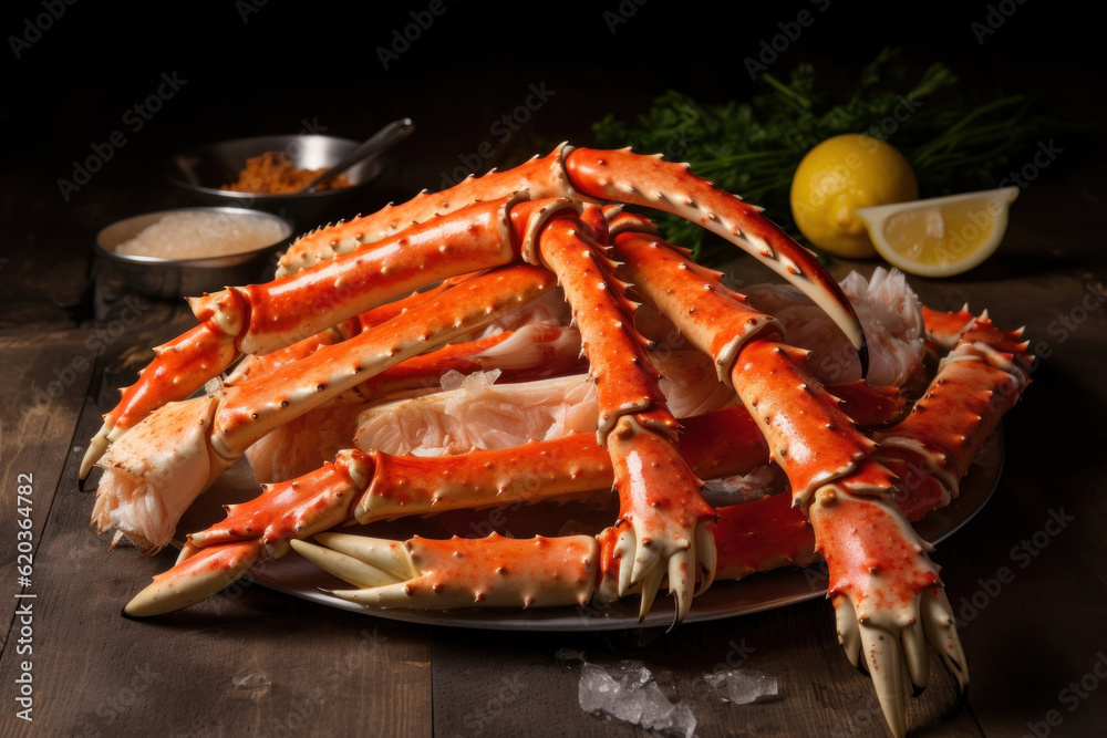 Alaskan King Crab Legs, with their impressive size, vibrant color, and enticing texture, ready to be enjoyed as a delectable seafood delicacy. Generative AI.