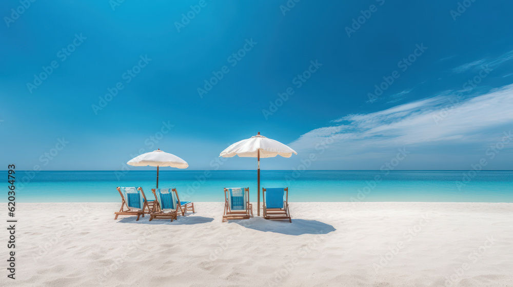 Beautiful beach banner. White sand chairs and umbrella