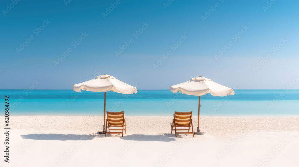 Beautiful beach banner. White sand chairs and umbrella