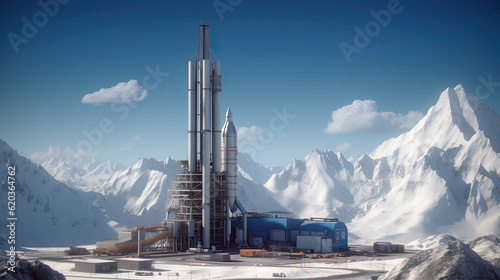 Blue Sky Endeavor: Over-Engineered Rocket Assembly atop a Futuristic Building photo