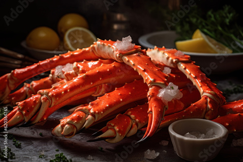 Alaskan King Crab Legs, with their impressive size, vibrant color, and enticing texture, ready to be enjoyed as a delectable seafood delicacy. Generative AI. © Shinonome Studio