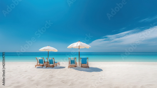 Beautiful beach banner. White sand chairs and umbrella © tashechka