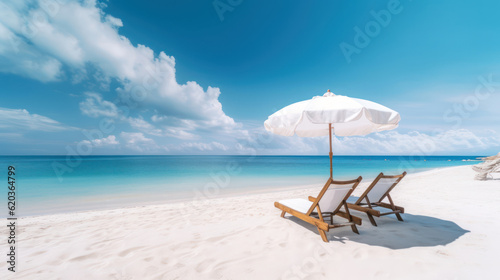 Beautiful beach banner. White sand chairs and umbrella © tashechka
