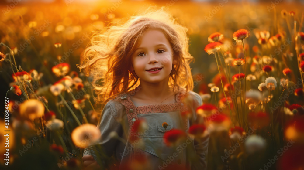 Cute happy little girl of 4 years. Wildflowers in sunset light. Cute happy little girl of 4 years. Wildflowers in sunset light.
