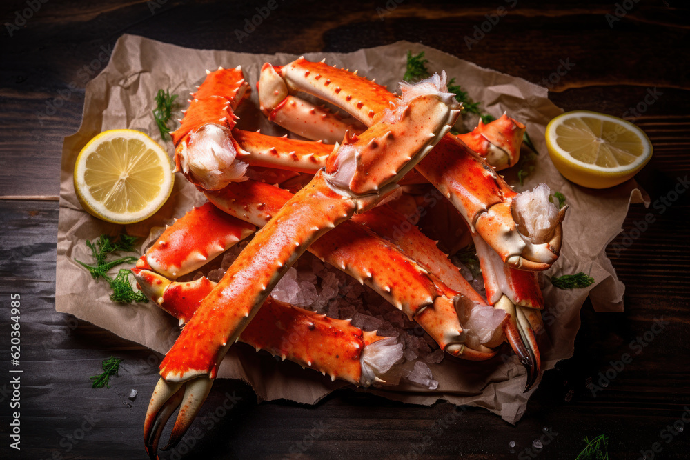 Alaskan King Crab Legs, with their impressive size, vibrant color, and enticing texture, ready to be enjoyed as a delectable seafood delicacy. Generative AI. Alaskan King Crab Legs, with their impressive size, vibrant color, and enticing texture, ready to be enjoyed as a delectable seafood delicacy. Generative AI.