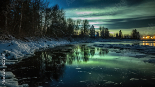 Dark winter night snow covered landscape northern lights © tashechka