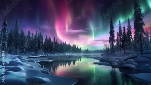 Dark winter night snow covered landscape northern lights © tashechka