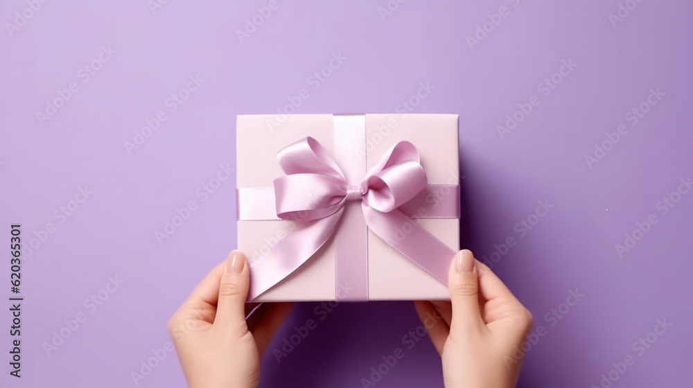 Female hands holding a purple gift box with a bow. Female hands holding a purple gift box with a bow.