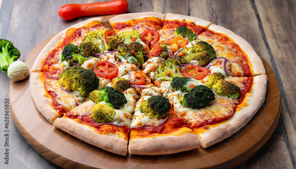 veg pizza is made with the combination of delicious vegetables like broccoli, onion, capsicum, carrot, mushroom and cauliflower along with tomatoes and pizza sauce are placed on wooden plate.
