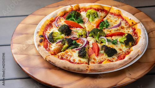 veg pizza is made with the combination of delicious vegetables like broccoli, onion, capsicum, carrot, mushroom and cauliflower along with tomatoes and pizza sauce are placed on wooden plate.