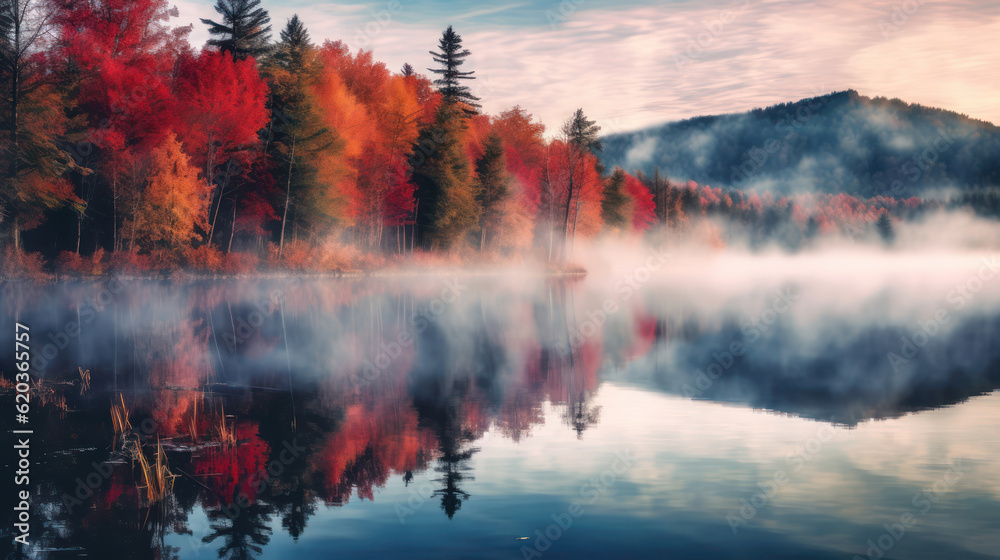 Autumn forest reflected in water. 
