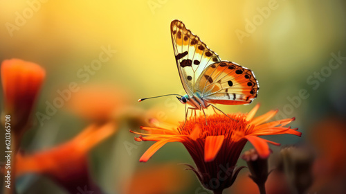 Macro butterfly sitting on orange flower 