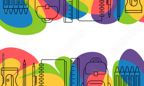 Creativ concept back to school banner background. Colorful stationary and space for text. Vector illustration