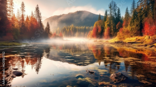 Autumn forest reflected in water. 