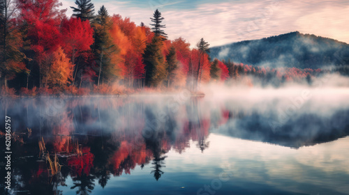 Autumn forest reflected in water. 