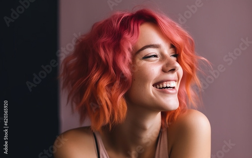 Young adult woman portrait with dyed hair. Attractive and charming woman with colorful hair. Generative AI