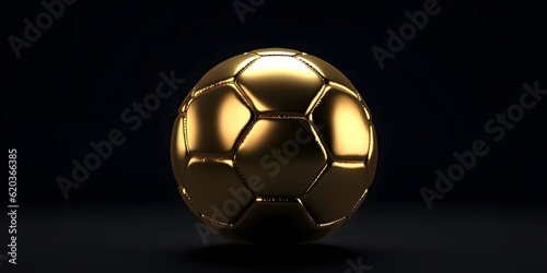 Gold soccer ball or football isolated on black dark background with sport winner championship tournament and golden king crown competition trophy champion cup of victory honor prize, AI generative