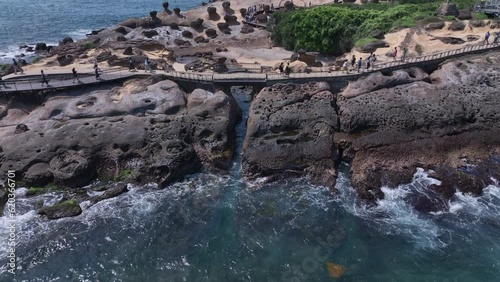 Tourists Walking Around Yehliu Geopark In Taiwan, Aerial View