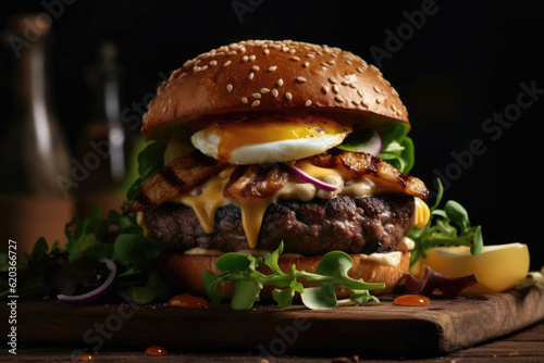 Delicious Juicy Hamburger with Tantalizing Toppings Food Photography Generative AI