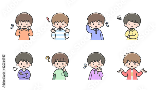 困った表情の男の子イラストセット　上半身