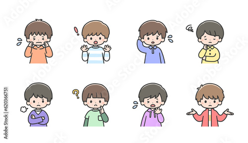 困った表情の男の子イラストセット　上半身