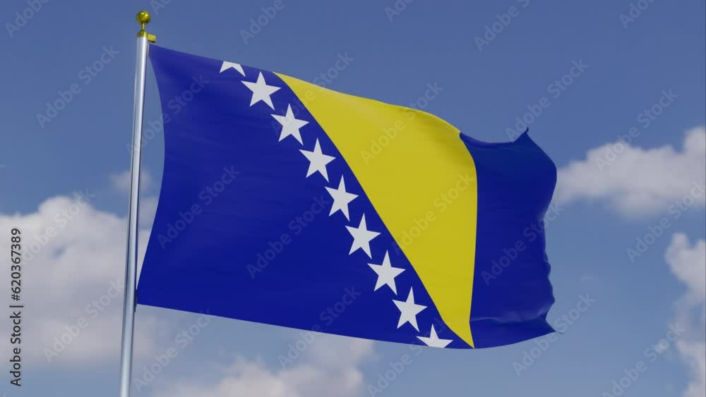 The Flag Of Bosnia And Herzegovina Moving In The Wind With A Clear Blue Sky In The Background, Clouds Slowly Moving, Flagpole, Slow Motion