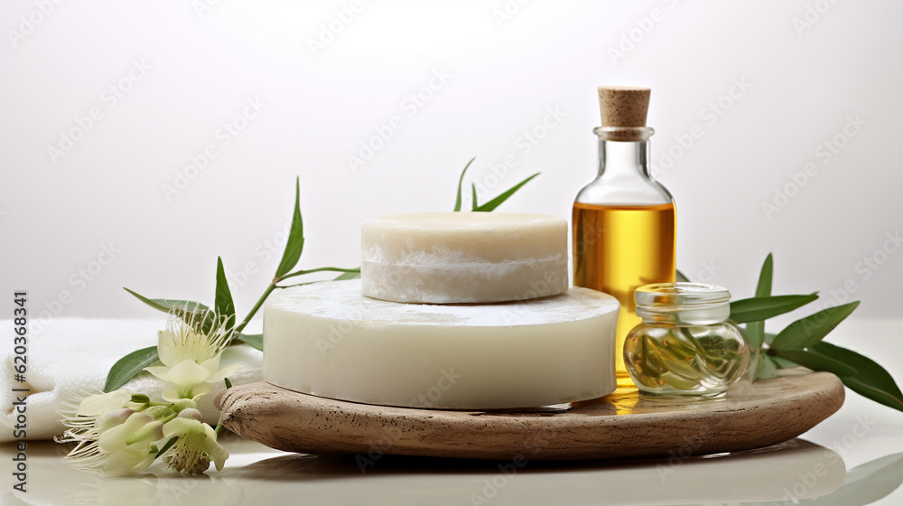 Towel on fern with candles and black hot stone on wooden background. Hot stone massage setting lit by candles. Massage therapy for one person with candle light. Beauty spa treatment and relax concept.