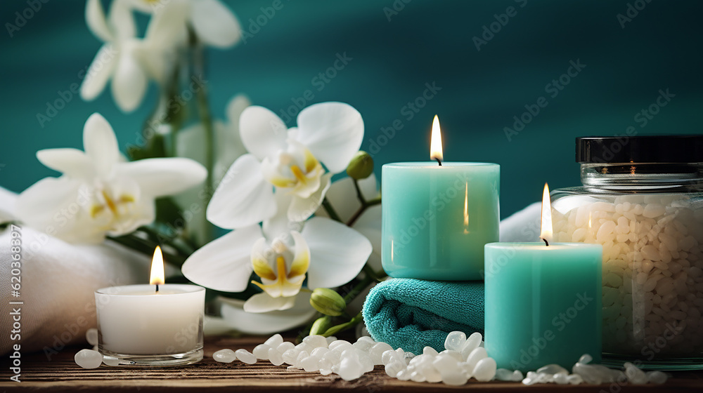 Towel on fern with candles and black hot stone on wooden background. Hot stone massage setting lit by candles. Massage therapy for one person with candle light. Beauty spa treatment and relax concept. Towel on fern with candles and black hot stone on wooden background. Hot stone massage setting lit by candles. Massage therapy for one person with candle light. Beauty spa treatment and relax concept.