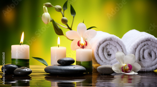 Towel on fern with candles and black hot stone on wooden background. Hot stone massage setting lit by candles. Massage therapy for one person with candle light. Beauty spa treatment and relax concept.