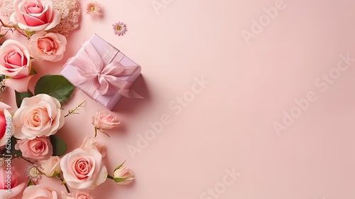 a collection of Gift box and pink flowers on pink pastel background for Valentine day banner design © GradPlanet