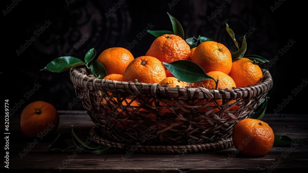 Closeup Fresh Mandarin in a bamboo basket with blurred background