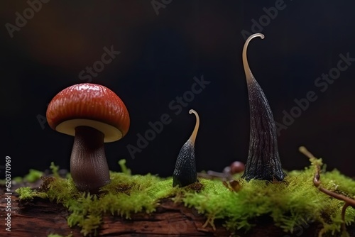 group of mushrooms growing on a bed of moss