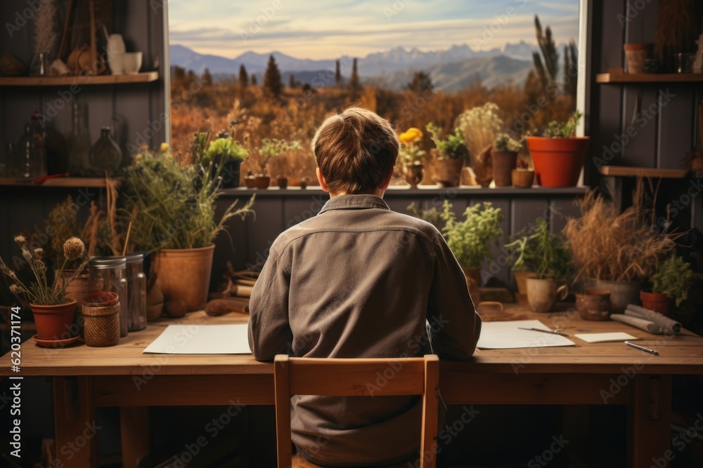 Full back view of boy doing homework at desk, homeschool concept, copy space