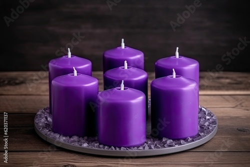 group of lavender candles arranged on a decorative plate