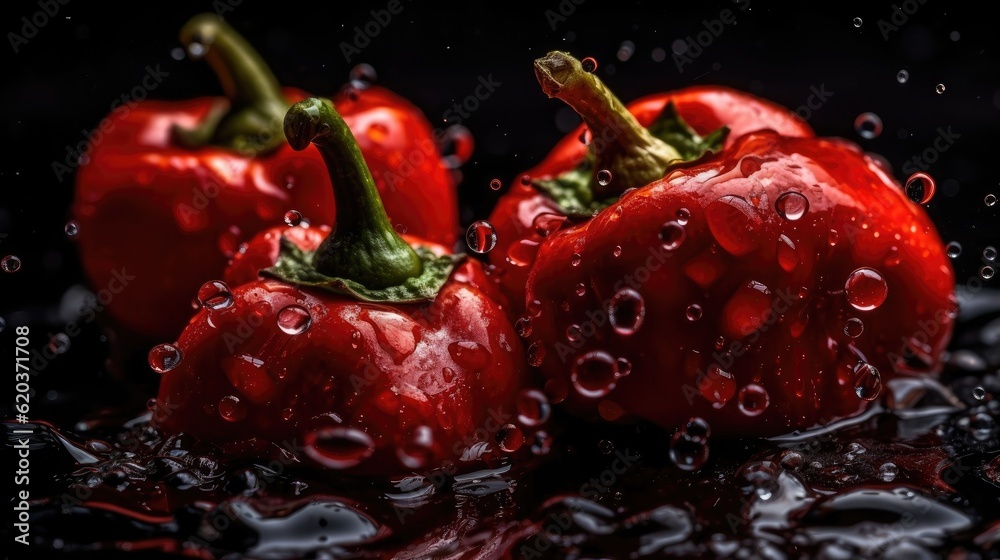 Closeup Red Pepper hit by splashes of water with black blur background Closeup Red Pepper hit by splashes of water with black blur background