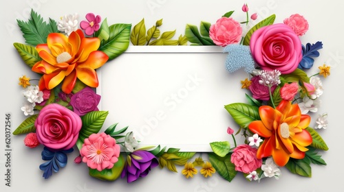 Floral border frame card template. multicolor flowers, leaves, for banner, wedding card. Springtime composition with copy-space, Generative AI illustration