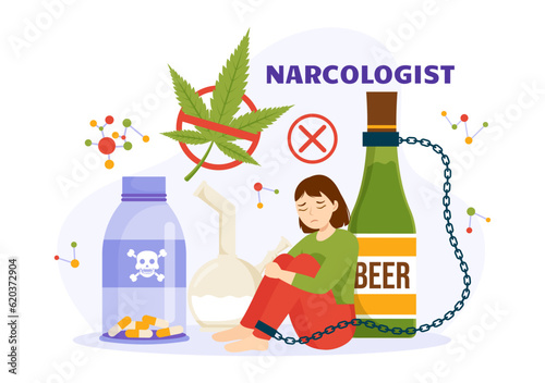 Narcologist Vector Illustration for Drug Addiction Awareness, Alcohol and Tobacco in Healthcare Flat Cartoon Hand Drawn Background Templates