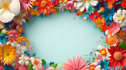 Floral border frame card template. multicolor flowers, leaves, for banner, wedding card. Springtime composition with copy-space, Generative AI illustration © AITTHIPHONG