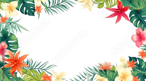 Floral border frame card template. multicolor flowers, leaves, for banner, wedding card. Springtime composition with copy-space, Generative AI illustration