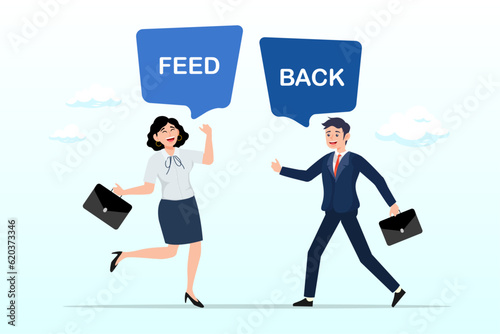 Businessman and woman telling feedback to each other, employee feedback, opinion or colleague voice for improvement, message discussion, comment each other, appraisal or review process (Vector)