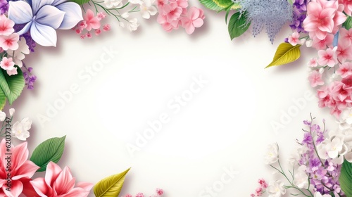 Floral border frame card template. multicolor flowers  leaves  for banner  wedding card. Springtime composition with copy-space  Generative AI illustration