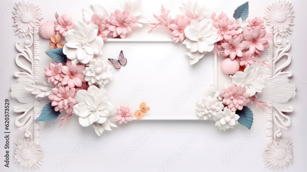 Floral border frame card template. multicolor flowers, leaves, for banner, wedding card. Springtime composition with copy-space, Generative AI illustration